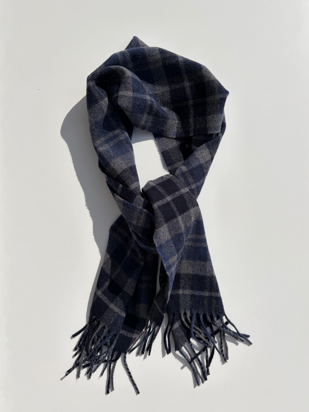 Navy Plaid Wool Blend Scarf